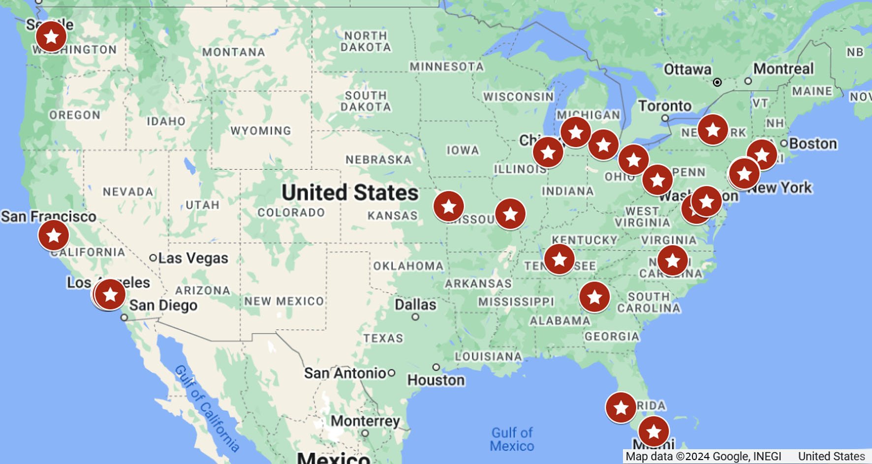 Map of Recognized Mitral Valve Repair Reference Centers listed below