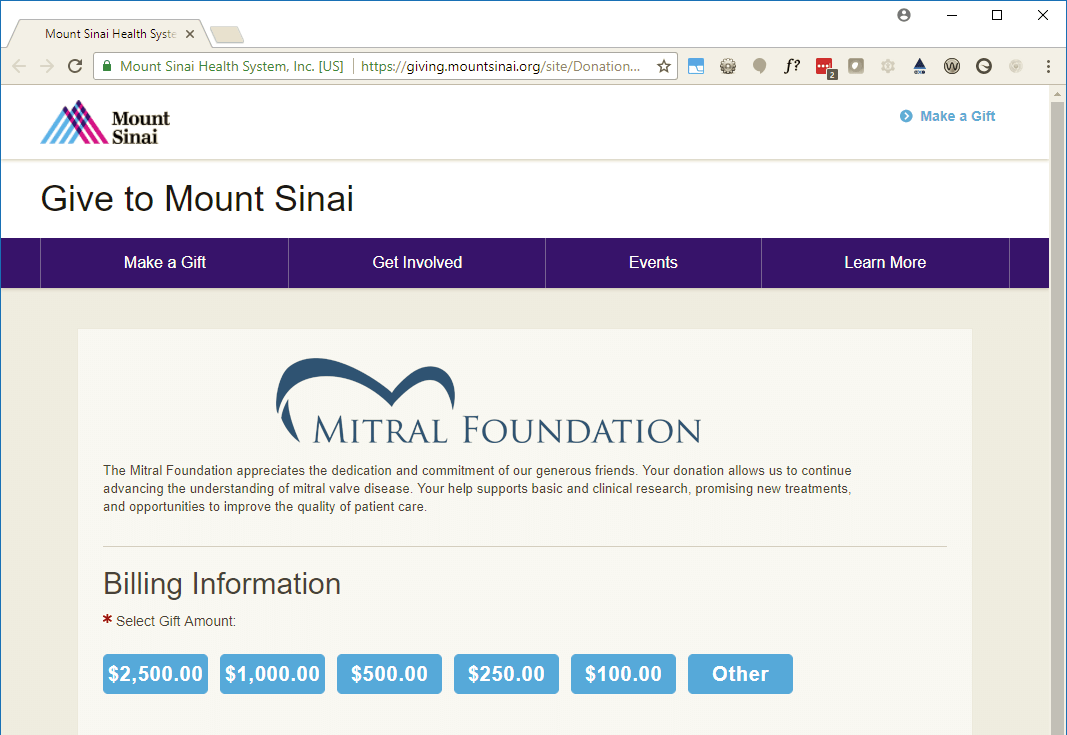 Our secure giving page is hosted on the Mount Sinai website, https://giving.mountsinai.org/mitralfoundation.